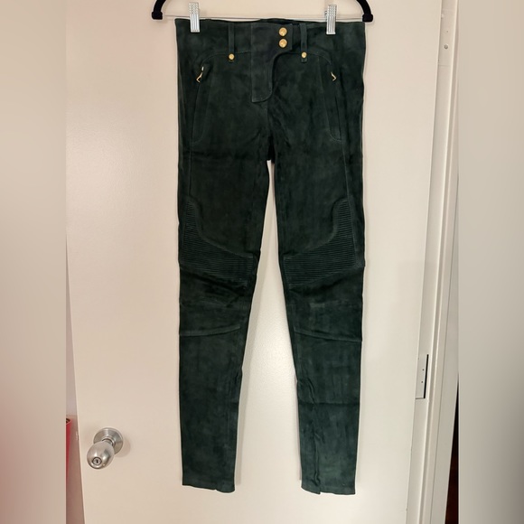 Balmain x H&M Genuine Suede Moto Skinny Pants Size 6 Forest Green New Never Worn - Picture 2 of 4
